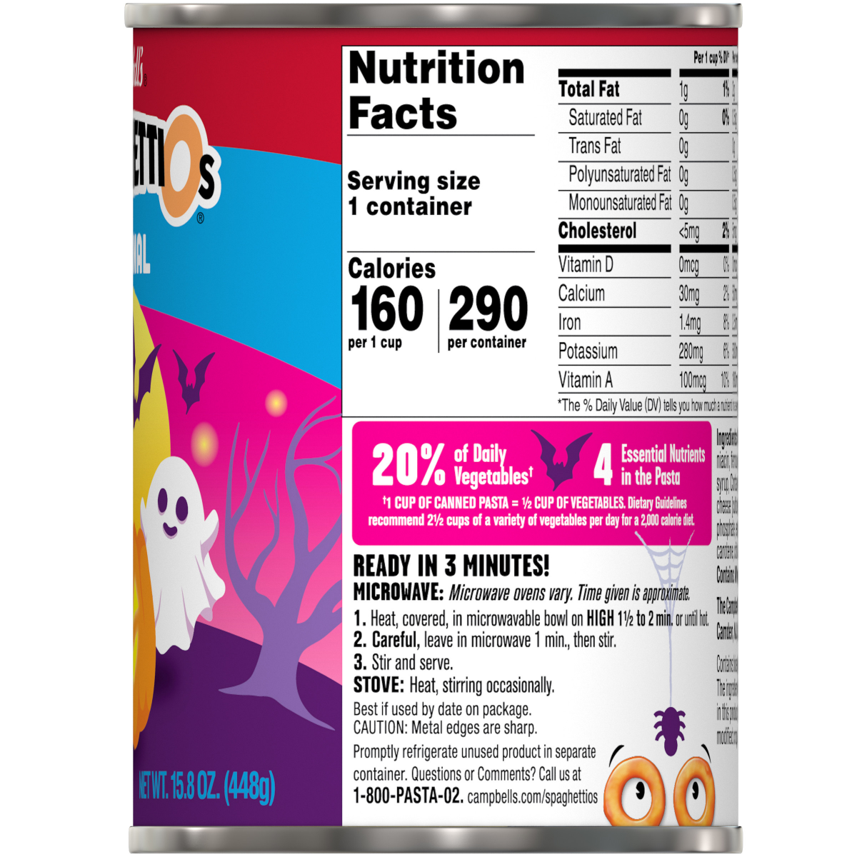 slide 3 of 4, Campbell's SpaghettiOs Original Canned Pasta with Fun Halloween Shapes, 15.8 oz Can, 15.800 oz