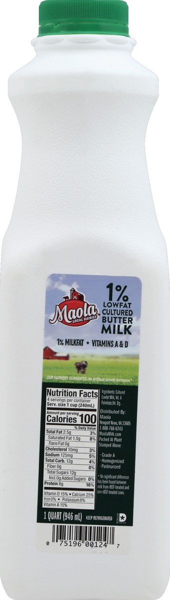 slide 6 of 6, Maola 1% Lowfat Cultured Buttermilk - 1qt, 1 qt