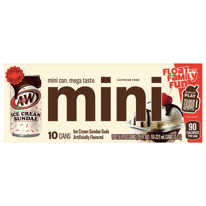 slide 1 of 1, A&W Ice Cream Sundae Soda, 7.5 fl oz mini cans, 10 pack, 10 ct
