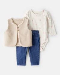 Carter's Baby Girl 3-Piece Floral Motif Velour Vest Outfit Set - Blue, 6M