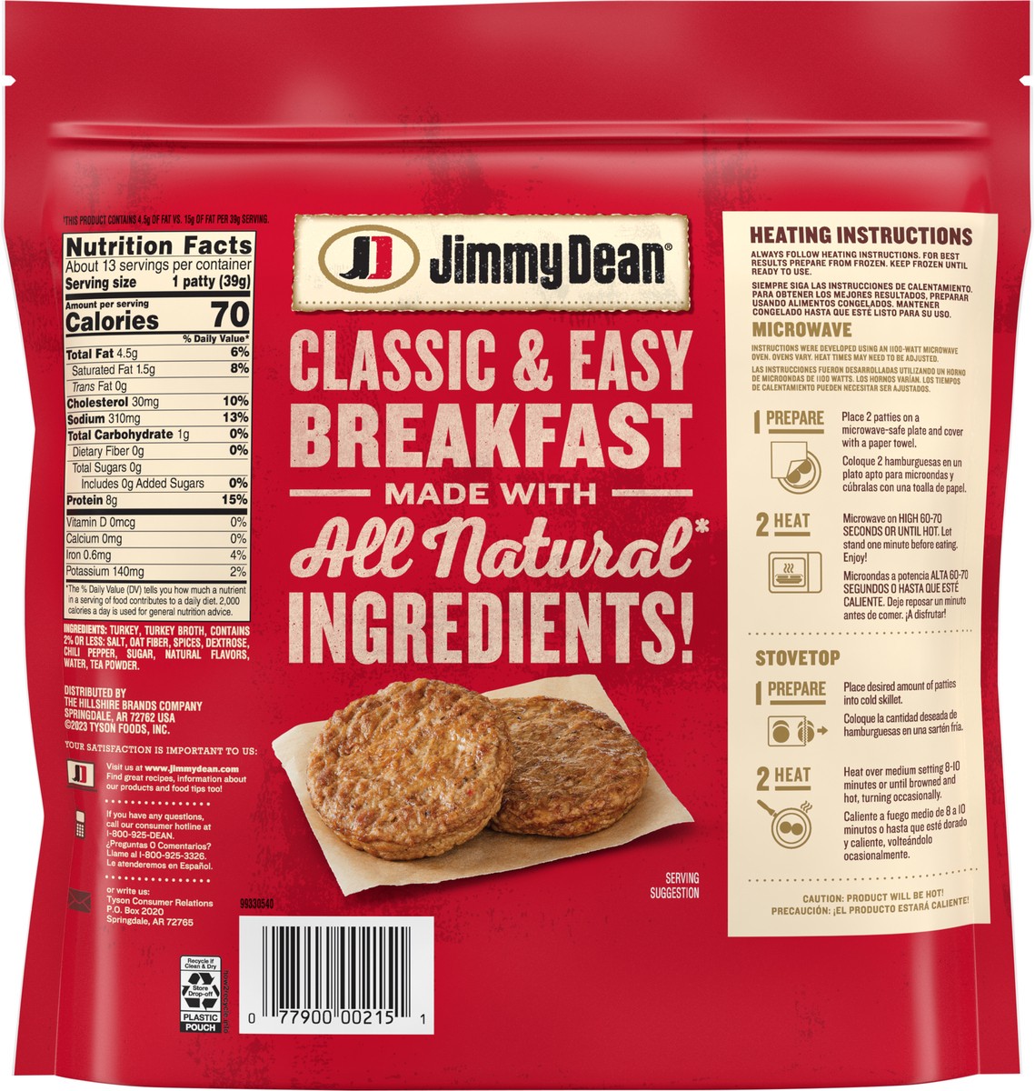 slide 11 of 11, Jimmy Dean All Natural Fully Cooked Turkey Sausage Patties, 18.3 oz Bag, 18.3 oz