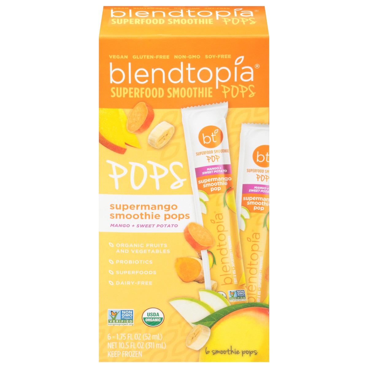 slide 1 of 9, Blendtopia Superfood Smoothie Pops, Supermango, 6-1.75 Fl Oz, 10.5 fl oz