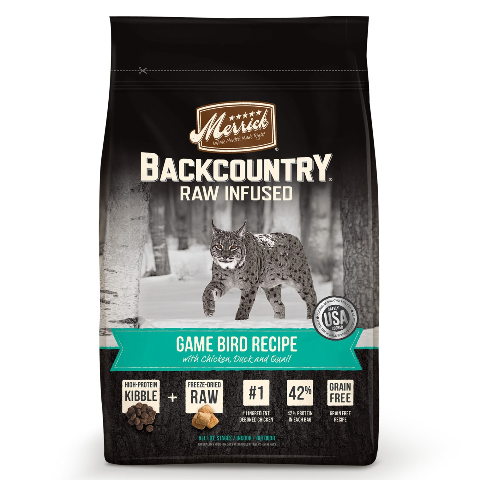 slide 1 of 1, Merrick Backcountry Grain Free Raw Infused Game Bird Recipe Dry Cat Food, 10 lb