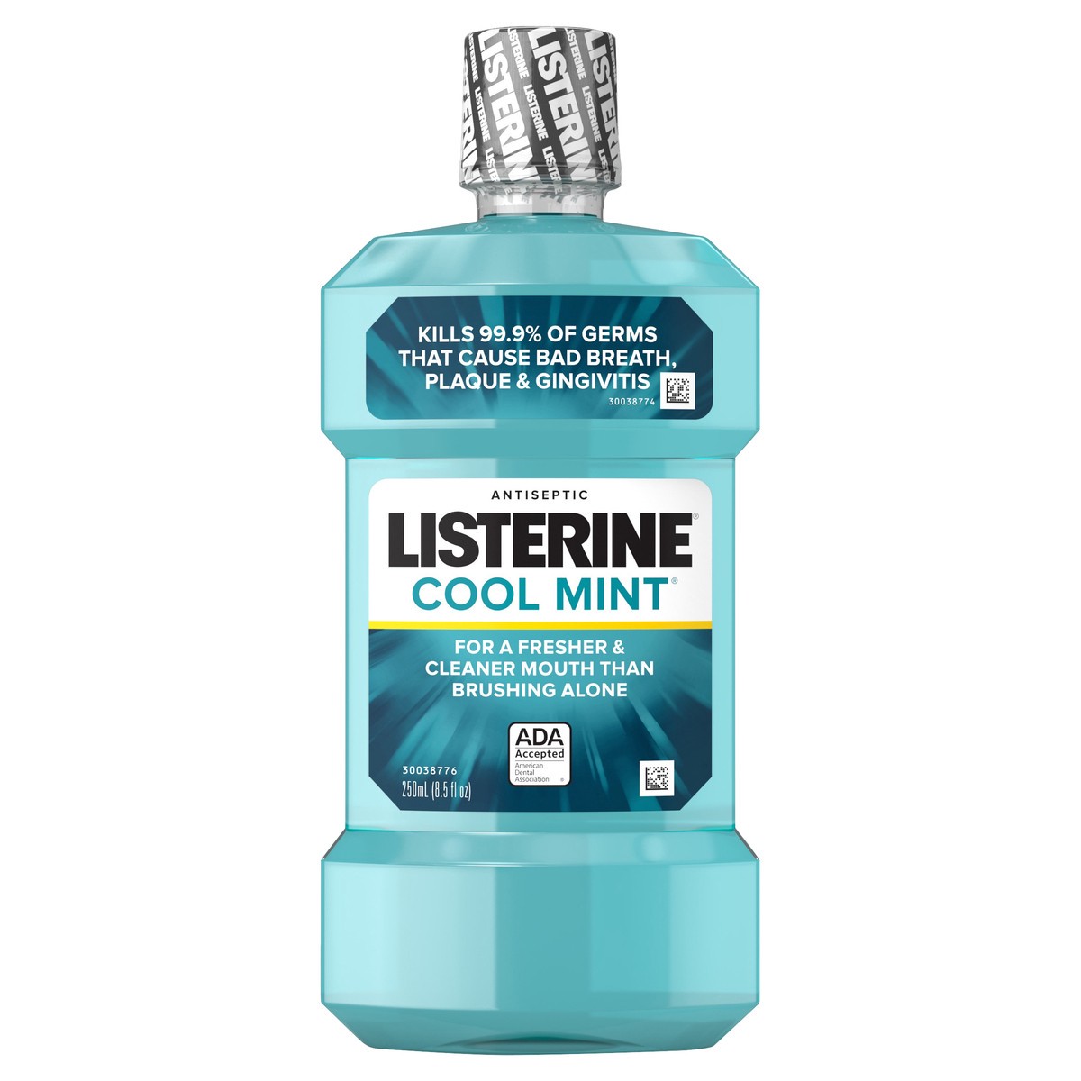 slide 3 of 8, Listerine Cool Mint Antiseptic Mouthwash, Daily Oral Rinse Kills 99% of Germs that Cause Bad Breath, Plaque and Gingivitis for a Fresher, Cleaner Mouth, Cool Mint Flavor, 250 mL/ 8.5 Fl. Oz., 250 ml