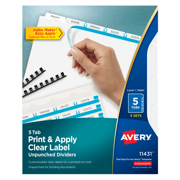 slide 1 of 7, Avery 5-Tab Print & Apply Clear Label Dividers, 5 ct