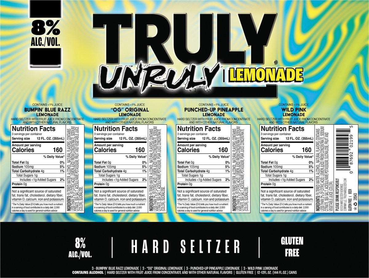 slide 7 of 13, TRULY Unruly Hard Seltzer Lemonade Variety Pack 8% ABV (12 fl. oz. Can, 12pk.), 12 ct; 12 oz