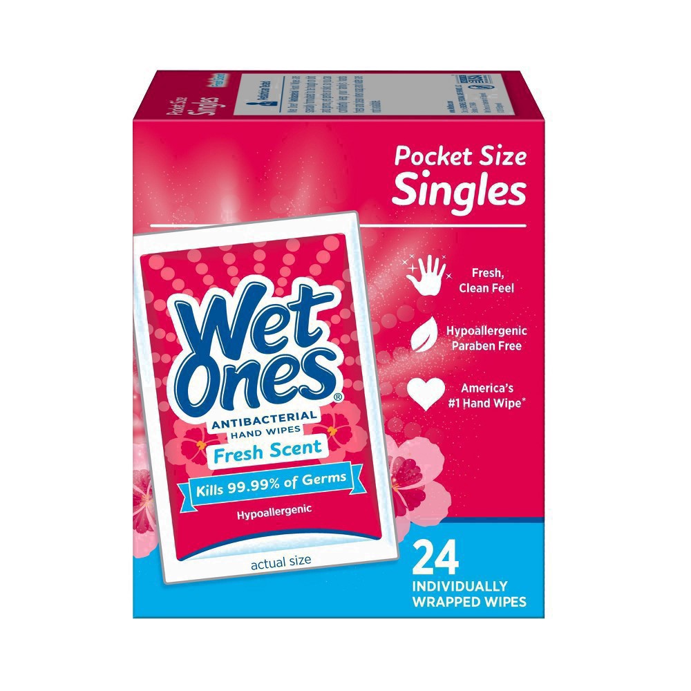 slide 9 of 114, Wet Ones Antibacterial Hand Wipes Fresh Scent Individually Wrapped Single - 24 Count, 24 ct