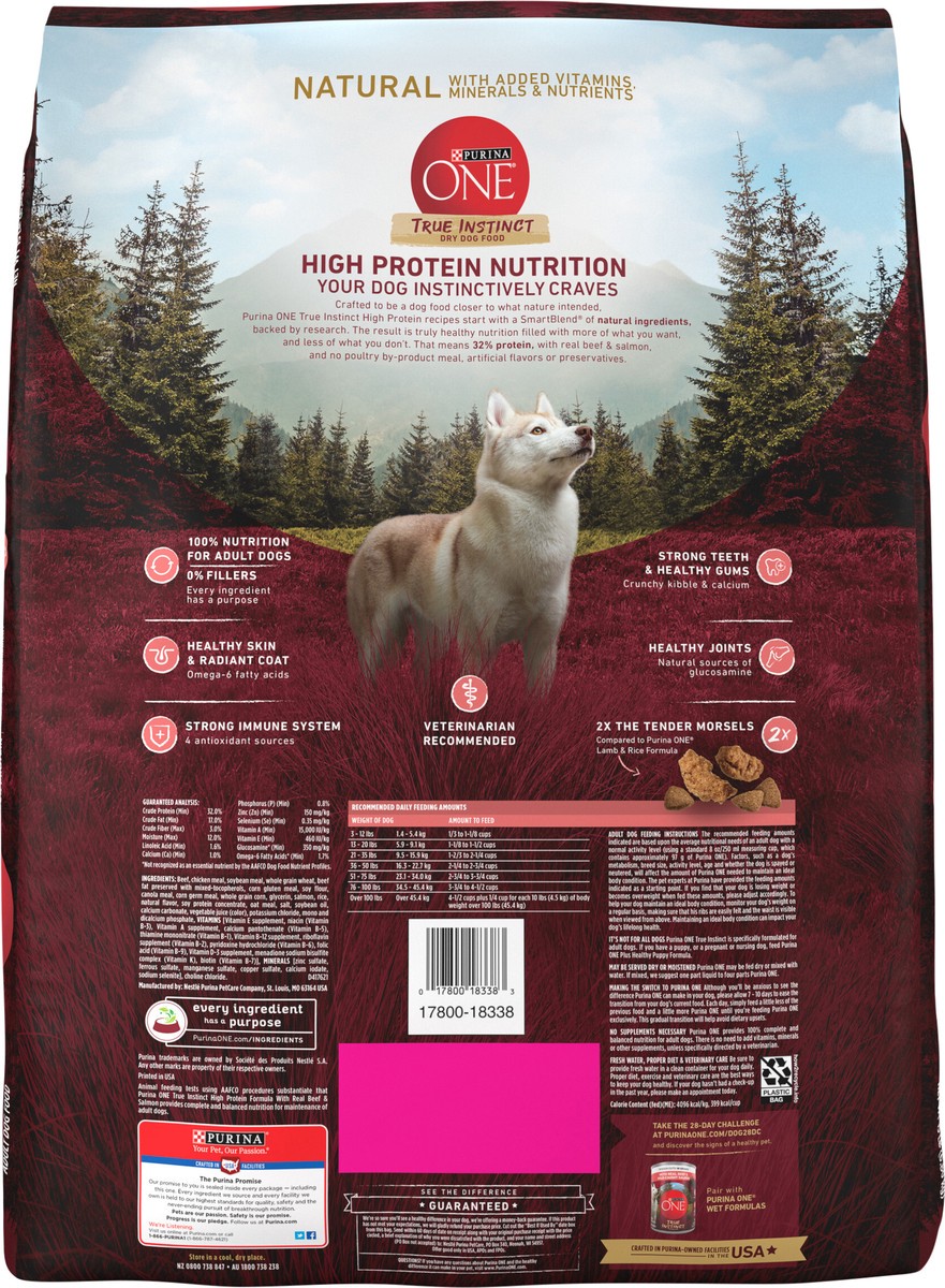 slide 7 of 8, ONE Purina ONE Natural High Protein Dry Dog Food Dry True Instinct with Real Beef and Salmon With Bone Broth and Added Vitamins, Minerals and Nutrients, 15 lb