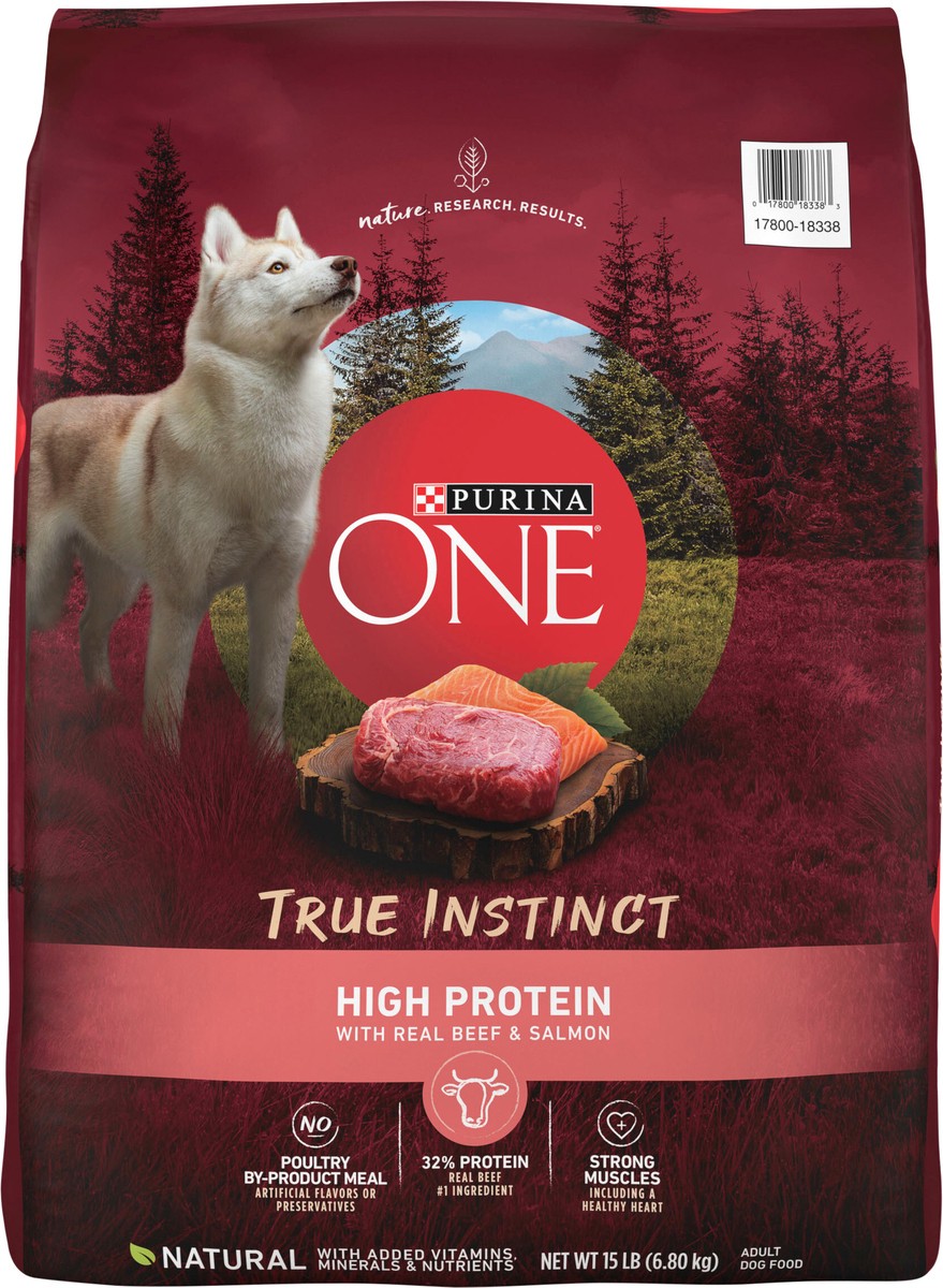 slide 6 of 8, ONE Purina ONE Natural High Protein Dry Dog Food Dry True Instinct with Real Beef and Salmon With Bone Broth and Added Vitamins, Minerals and Nutrients, 15 lb