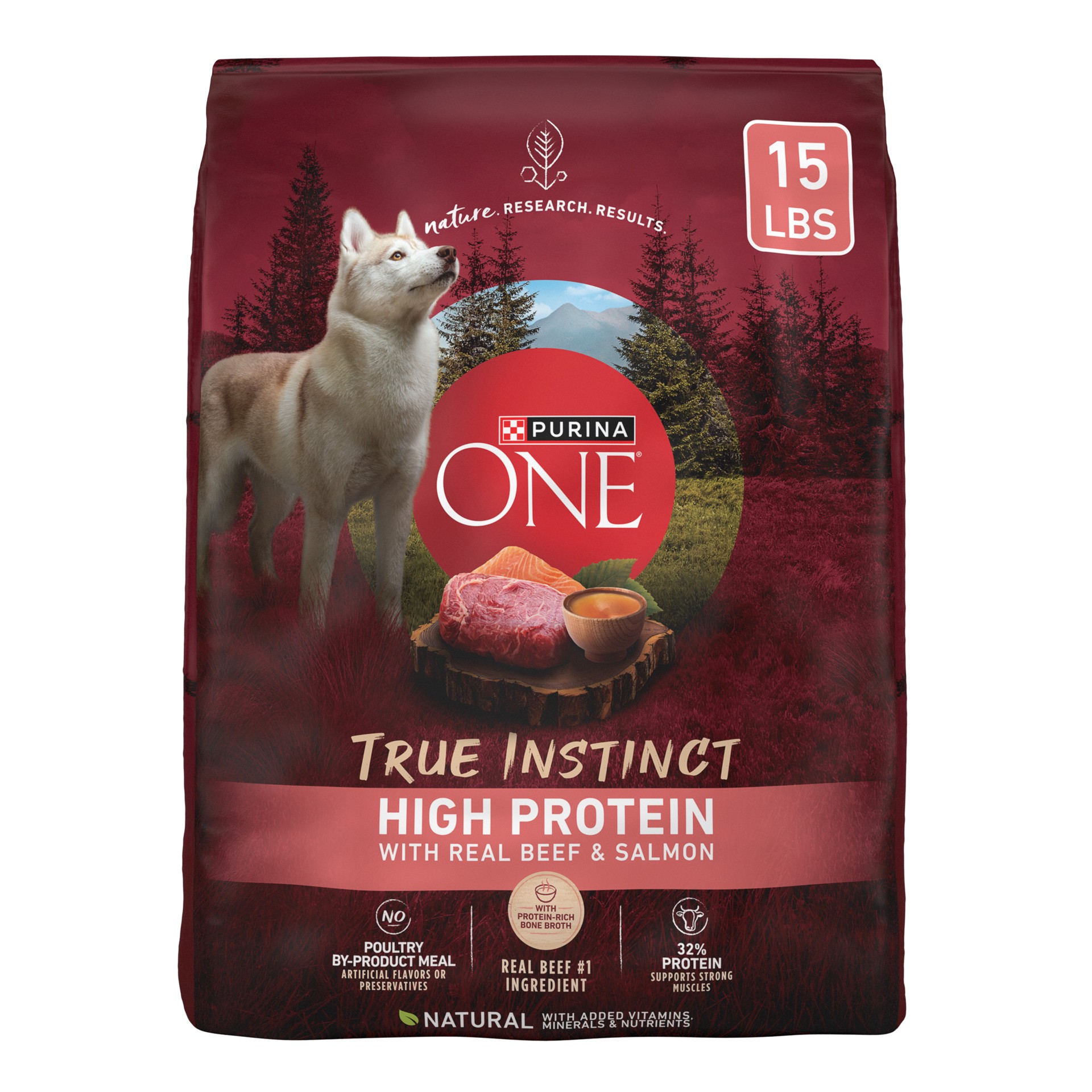 slide 1 of 8, ONE Purina ONE Natural High Protein Dry Dog Food Dry True Instinct with Real Beef and Salmon With Bone Broth and Added Vitamins, Minerals and Nutrients, 15 lb