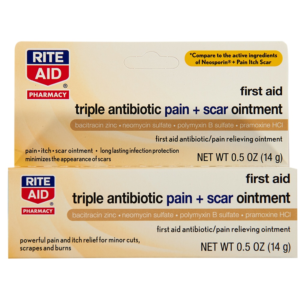 slide 1 of 1, Rite Aid First Aid Triple Antibiotic Pain + Scar Ointment, 0.5 oz