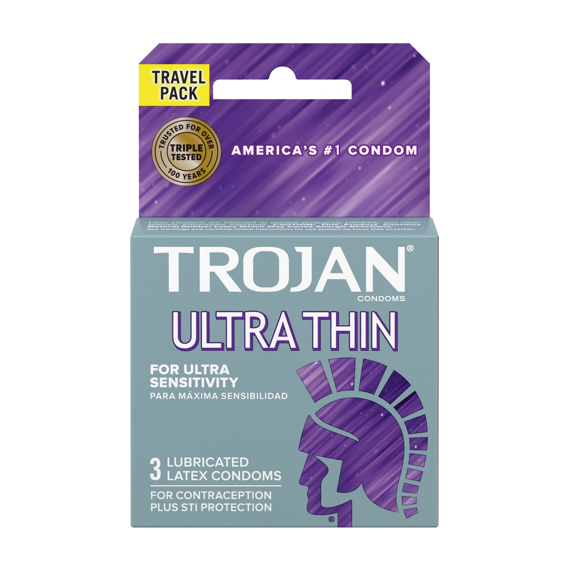 slide 1 of 4, Trojan Ultra Thin Lubricated Condoms, 3ct Travel Pack, 3 ct