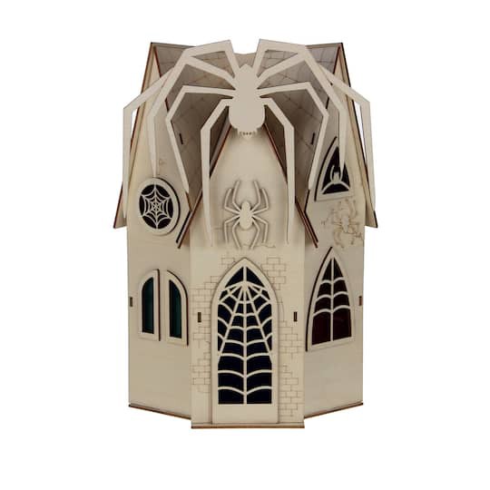 slide 1 of 5, 12" Haunted Spider Mansion Diy Led Wood Decor By Make Market, 8.9 in x 5.07 in x 12 in