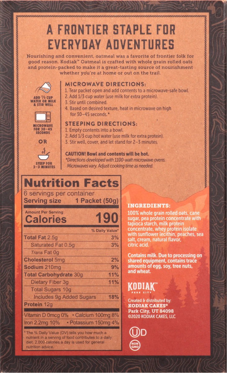 slide 12 of 13, Kodiak Cakes Protein-Packed Peaches & Cream Oatmeal 6 1.76 oz 6 ea, 6 ct