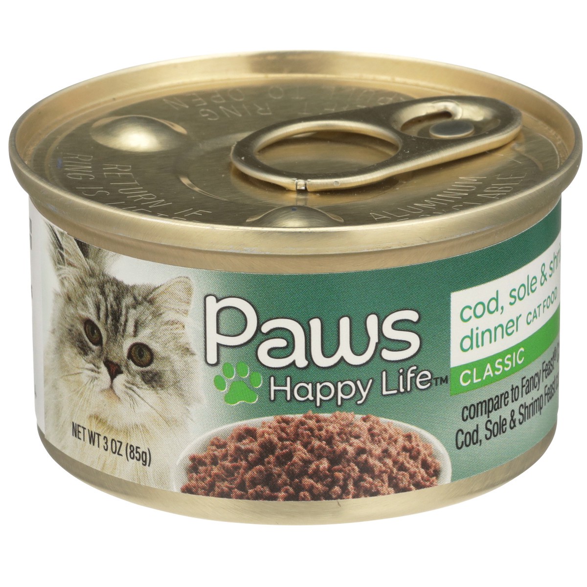 slide 4 of 10, Paws Happy Life Cod, Sole & Shrimp Dinner Classic Cat Food, 3 oz