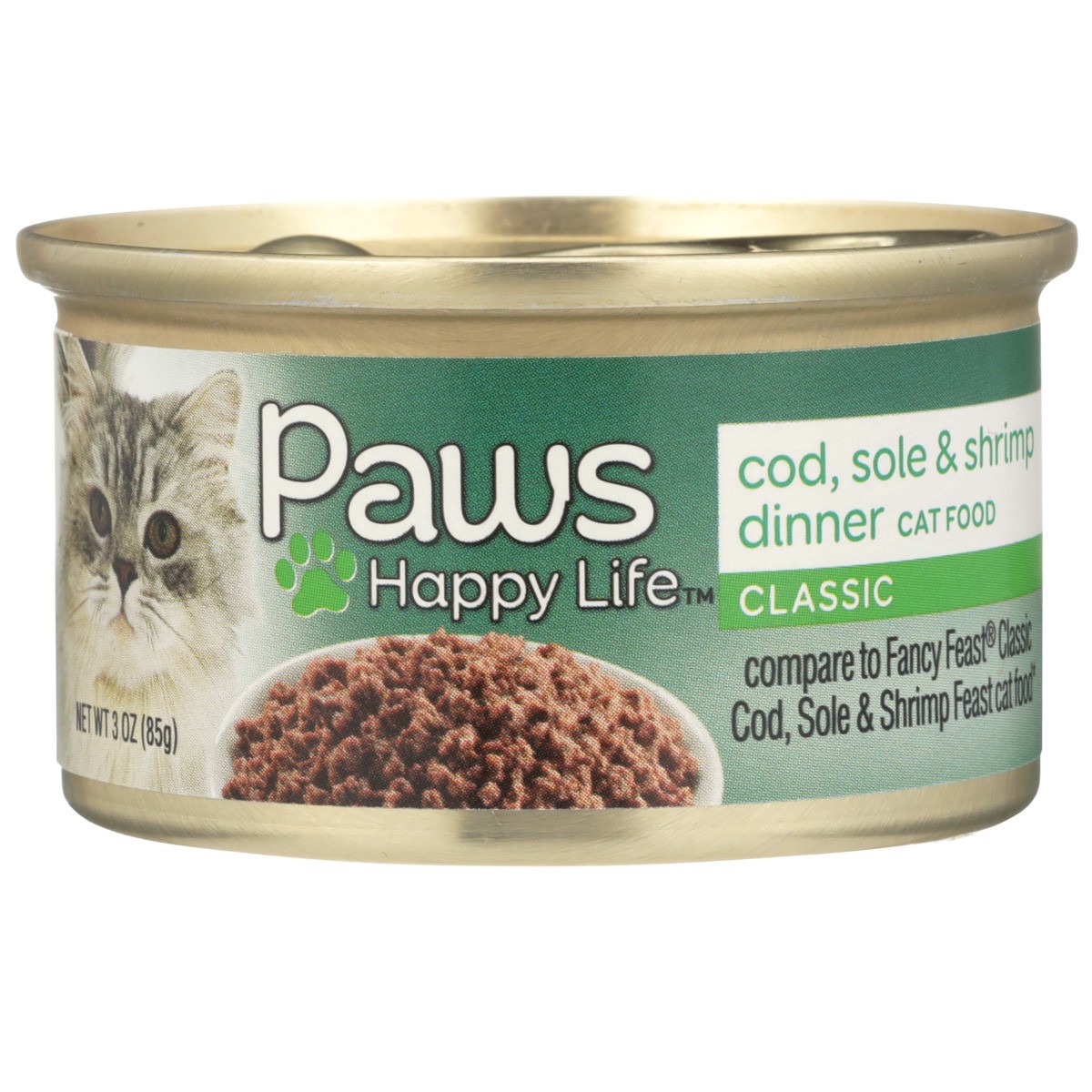 slide 6 of 10, Paws Happy Life Cod, Sole & Shrimp Dinner Classic Cat Food, 3 oz