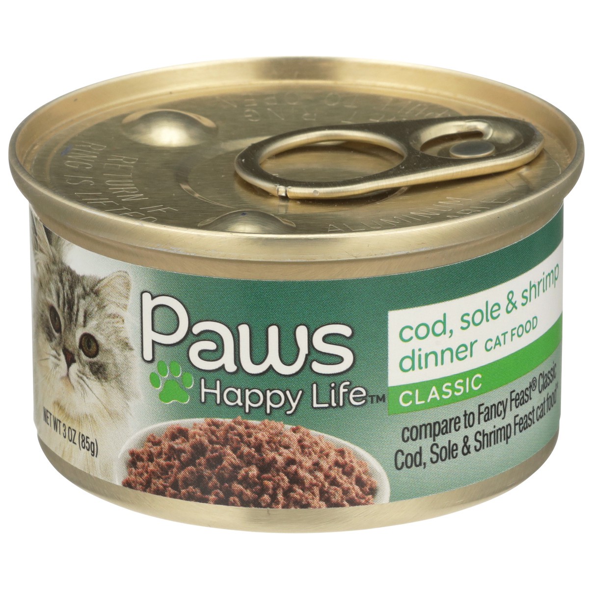 slide 1 of 10, Paws Happy Life Cod, Sole & Shrimp Dinner Classic Cat Food, 3 oz