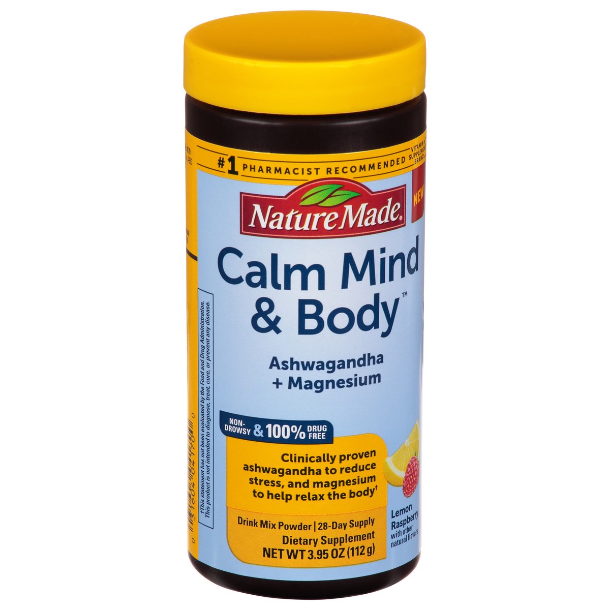 slide 9 of 10, Nature Made Calm Mind & Body Drink Mix, Ashwagandha to Reduce Stress, Magnesium to Help Relax Your Body, Non-Drowsy, 100% Drug-Free, Lemon Raspberry, 3.95 oz, 95 oz