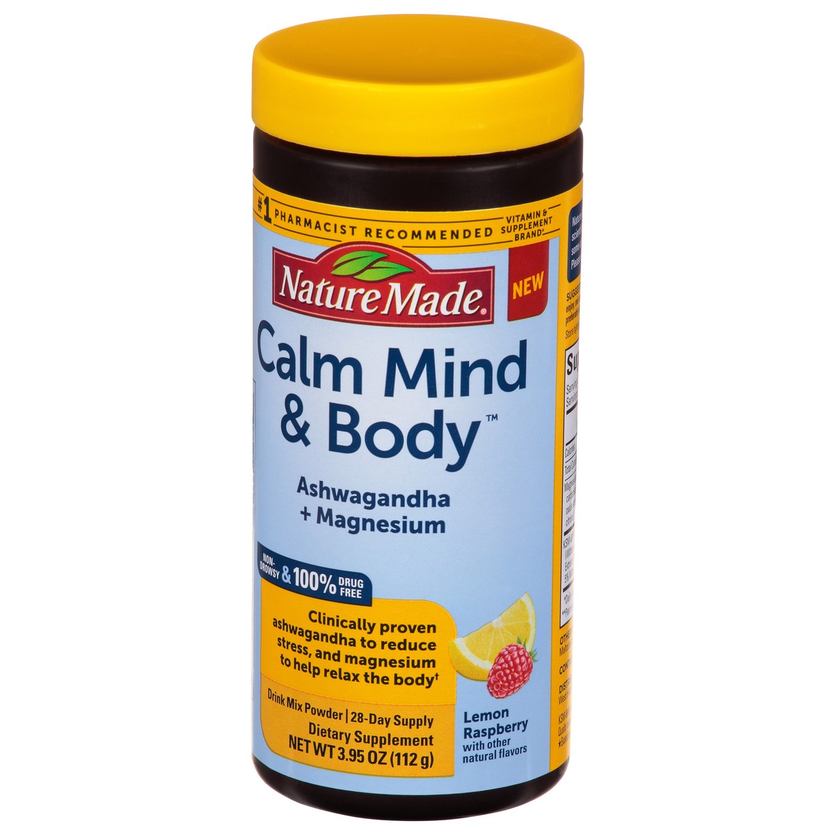 slide 4 of 10, Nature Made Calm Mind & Body Drink Mix, Ashwagandha to Reduce Stress, Magnesium to Help Relax Your Body, Non-Drowsy, 100% Drug-Free, Lemon Raspberry, 3.95 oz, 95 oz