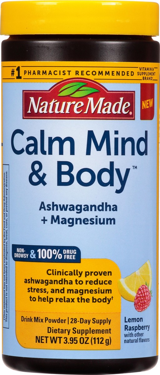 slide 3 of 10, Nature Made Calm Mind & Body Drink Mix, Ashwagandha to Reduce Stress, Magnesium to Help Relax Your Body, Non-Drowsy, 100% Drug-Free, Lemon Raspberry, 3.95 oz, 95 oz