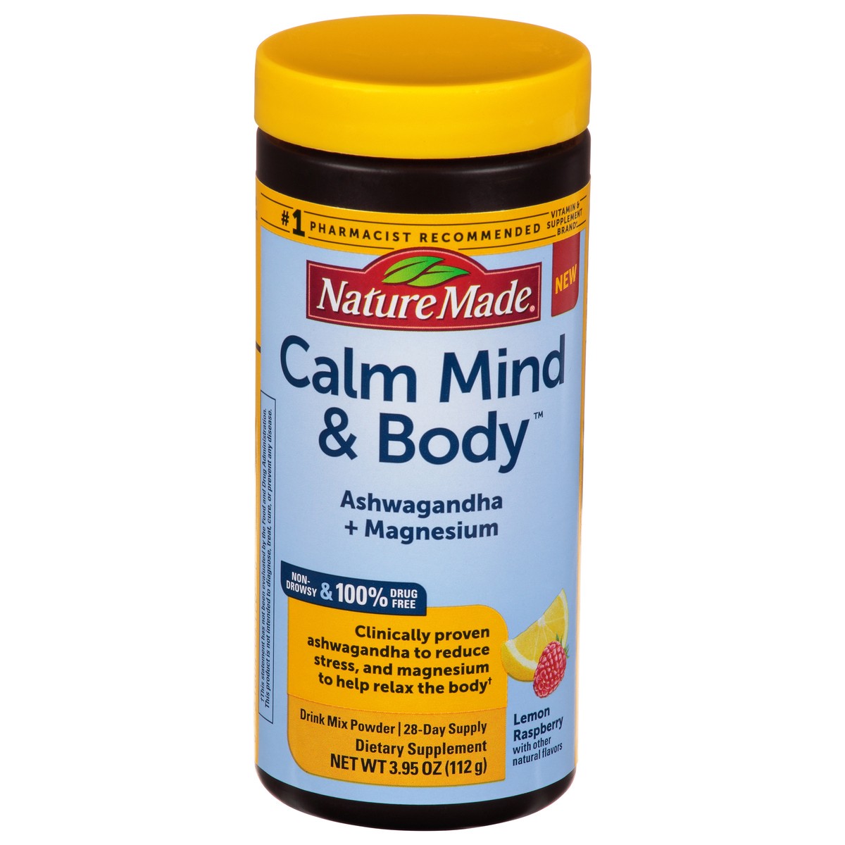 slide 7 of 10, Nature Made Calm Mind & Body Drink Mix, Ashwagandha to Reduce Stress, Magnesium to Help Relax Your Body, Non-Drowsy, 100% Drug-Free, Lemon Raspberry, 3.95 oz, 95 oz