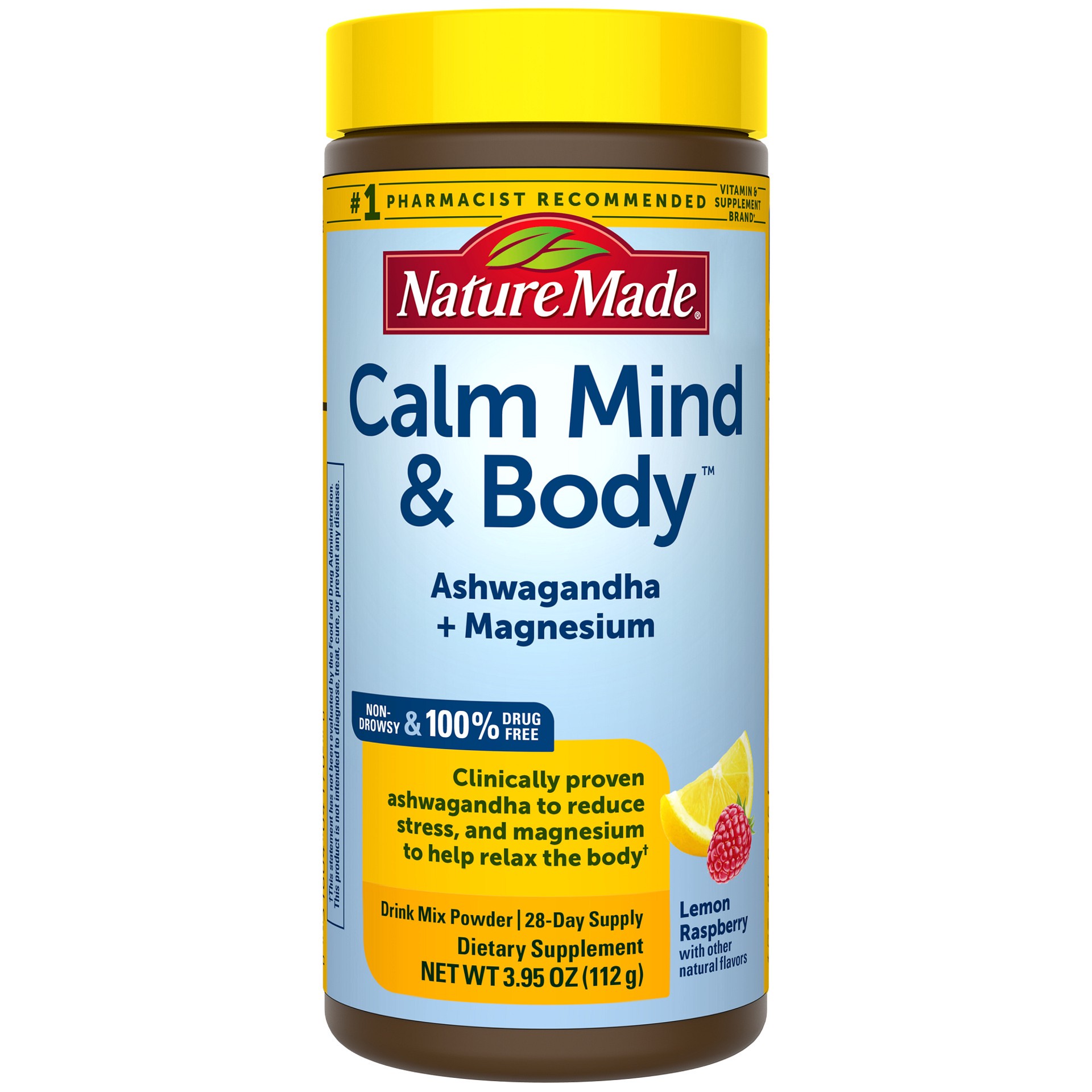 slide 1 of 10, Nature Made Calm Mind & Body Drink Mix, Ashwagandha to Reduce Stress, Magnesium to Help Relax Your Body, Non-Drowsy, 100% Drug-Free, Lemon Raspberry, 3.95 oz, 95 oz