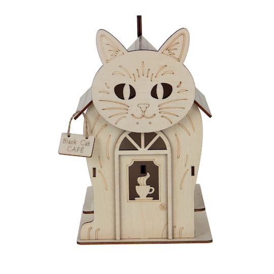 slide 1 of 4, 7.5" Black Cat Cafe Diy Led Wood Decor By Make Market, 5.7 in x 4.72 in x 7.48 in
