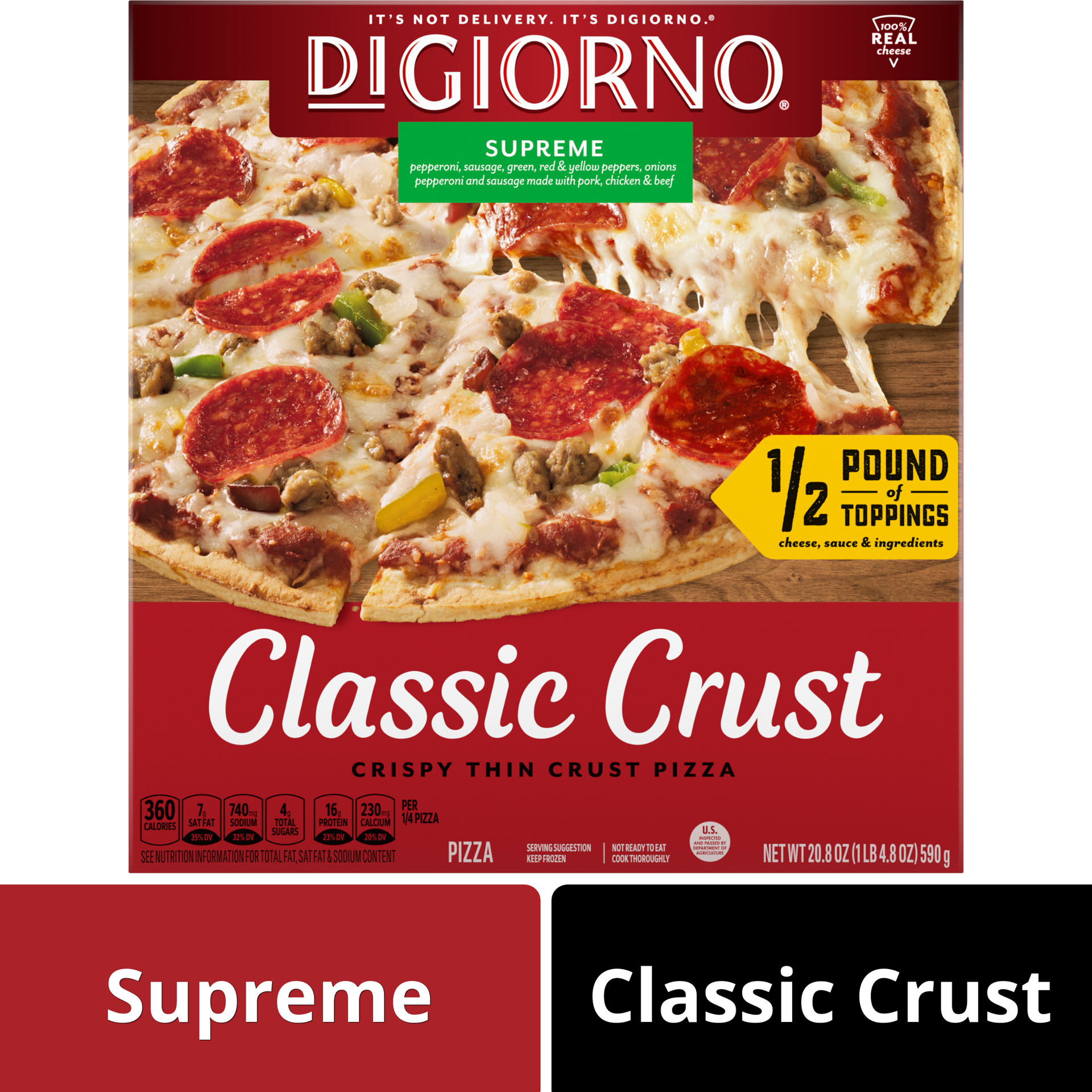 slide 1 of 7, DiGiorno Classic Crust Supreme Pizza on a Crispy Thin Crust, 20.8 oz (Frozen), 20.8 oz