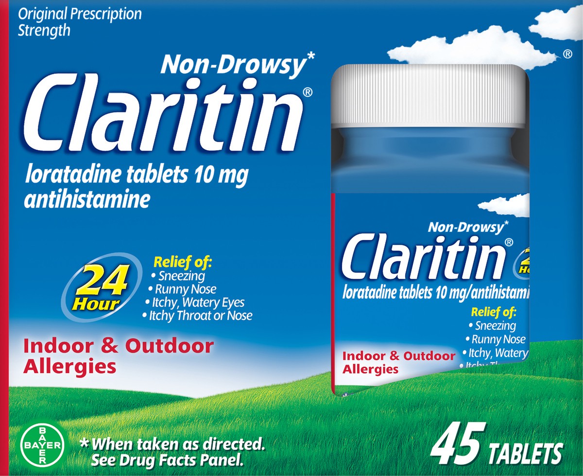 slide 8 of 9, Claritin Non-Drowsy Original Prescription Strength Indoor & Outdoor Tablets Allergies Relief 45 ea, 45 ct