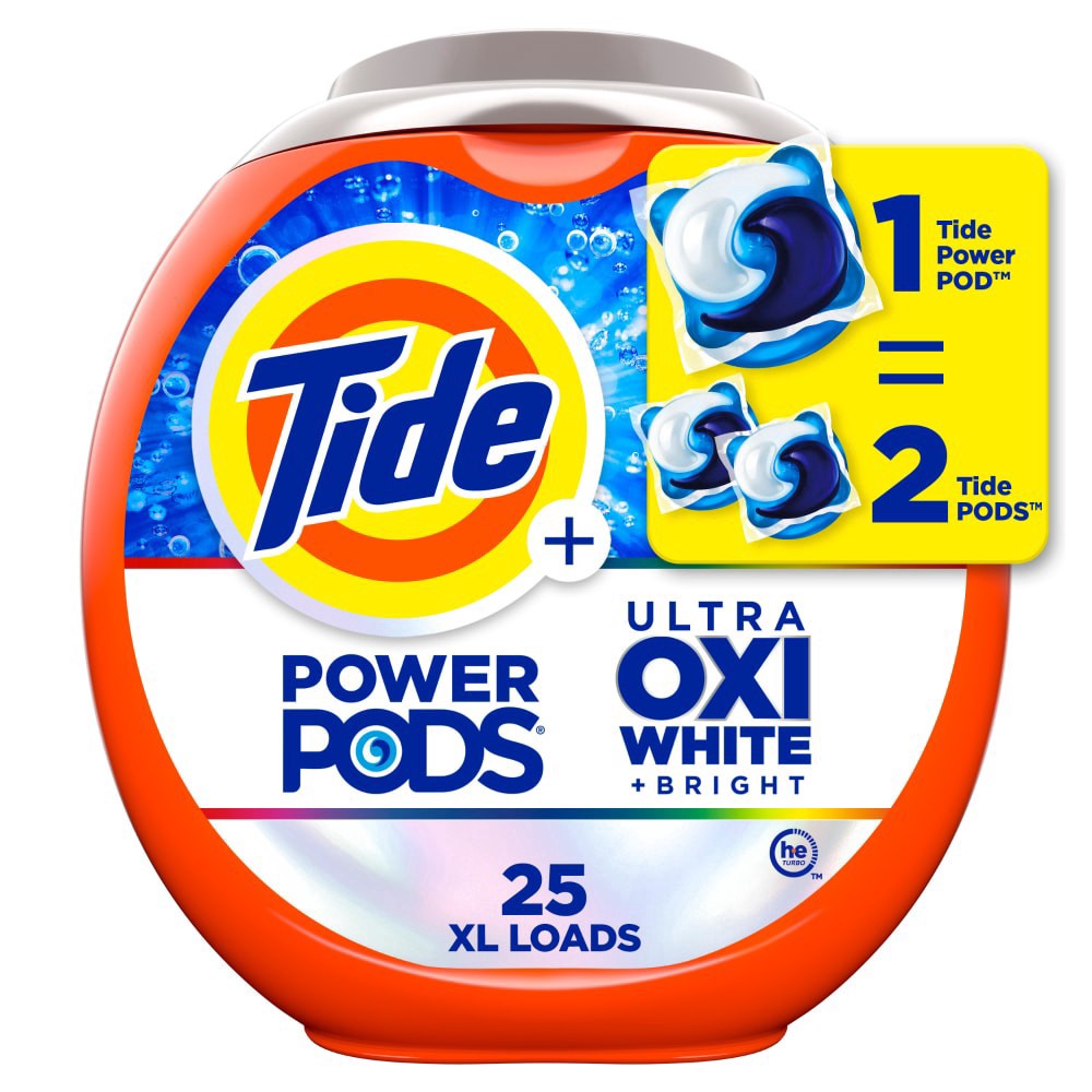 slide 2 of 6, Tide Power PODS Plus Ultra OXI White and Bright Laundry Detergent Pacs, 25 Count, Advanced Stain Removal and Whitening Power, 2.5 lb