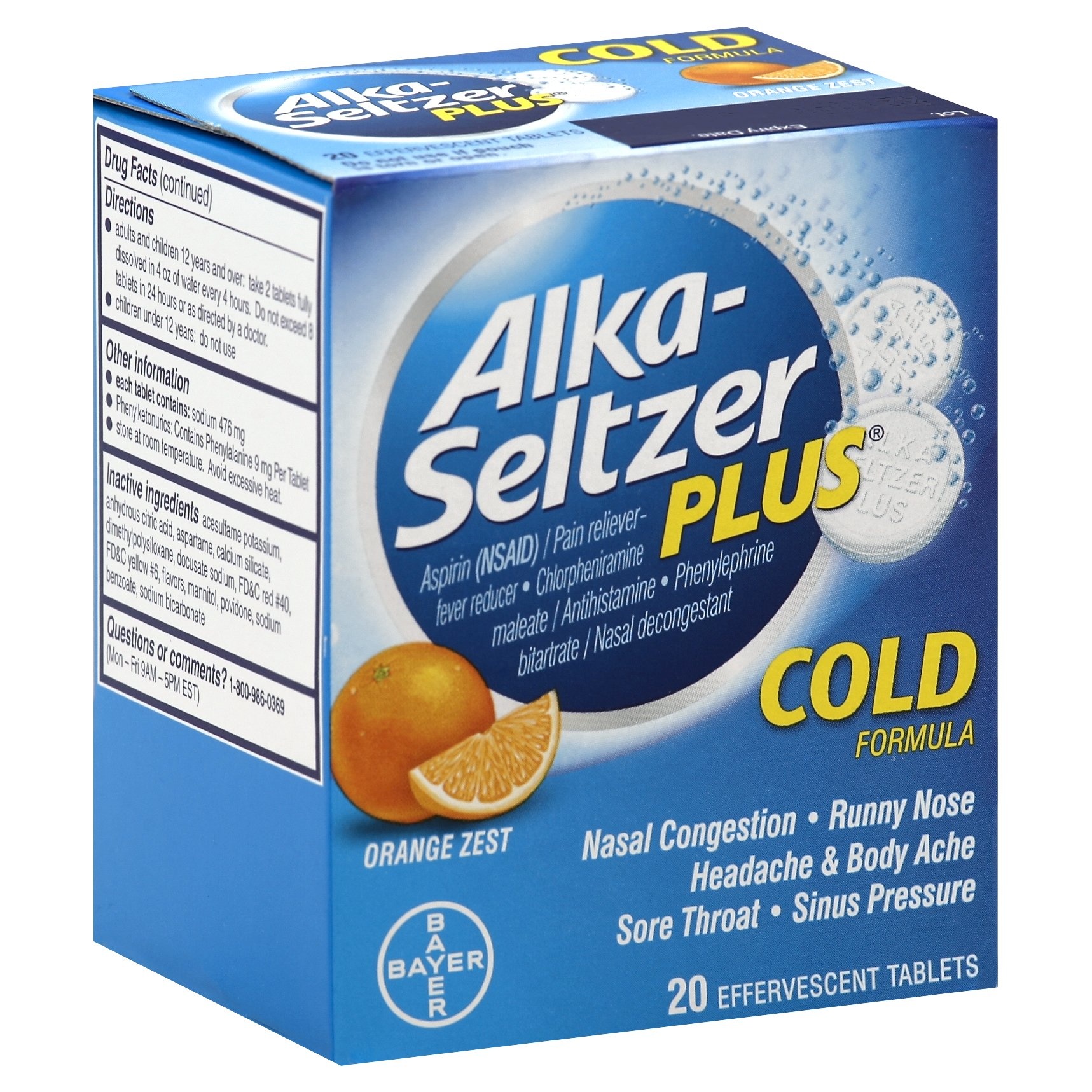 slide 1 of 1, Alka-Seltzer Plus Cold Formula Orange Zest Effervescent Tablets, 20 ct