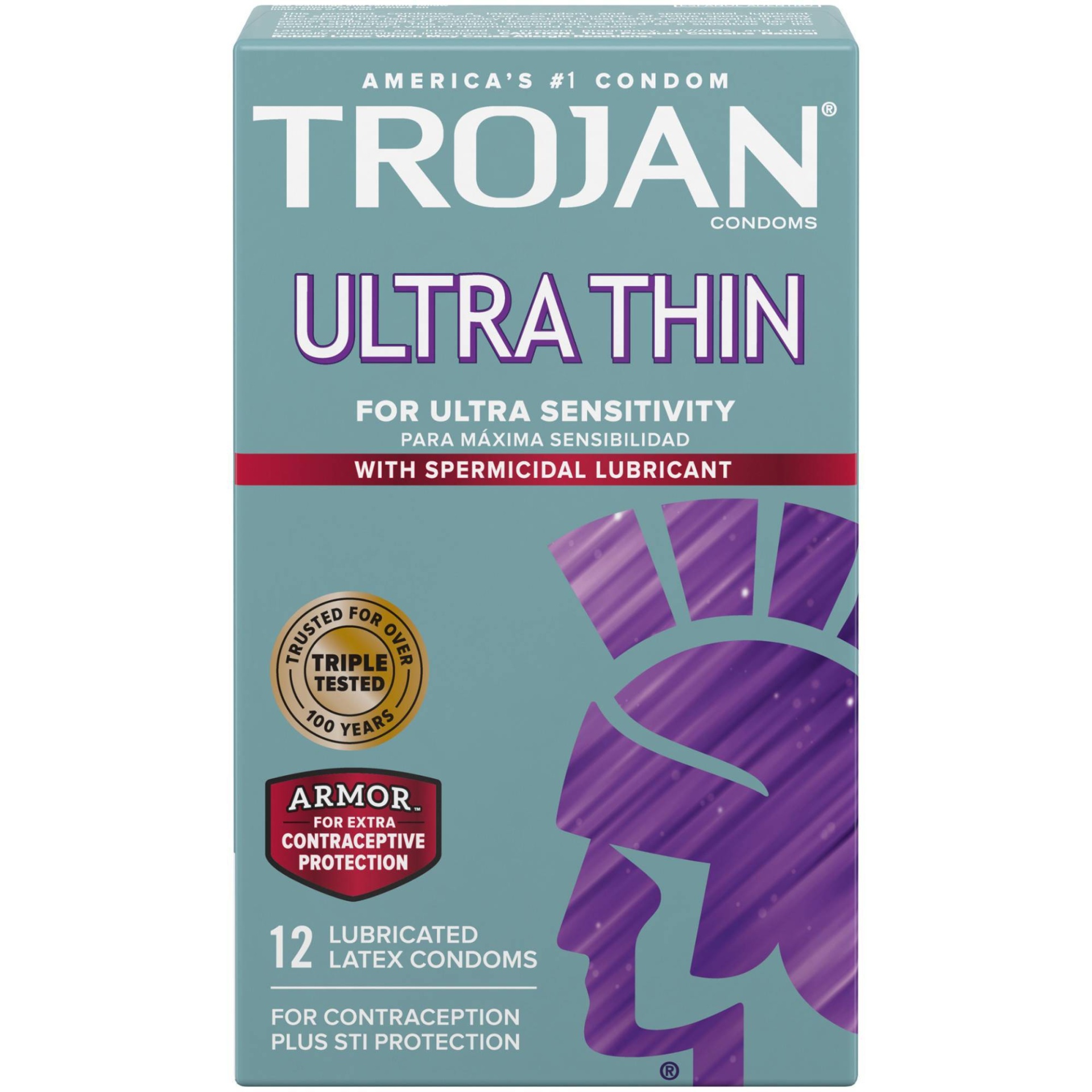 slide 1 of 5, Trojan Ultra Thin Armor Spermicide Lubricated Condoms, 12 ct