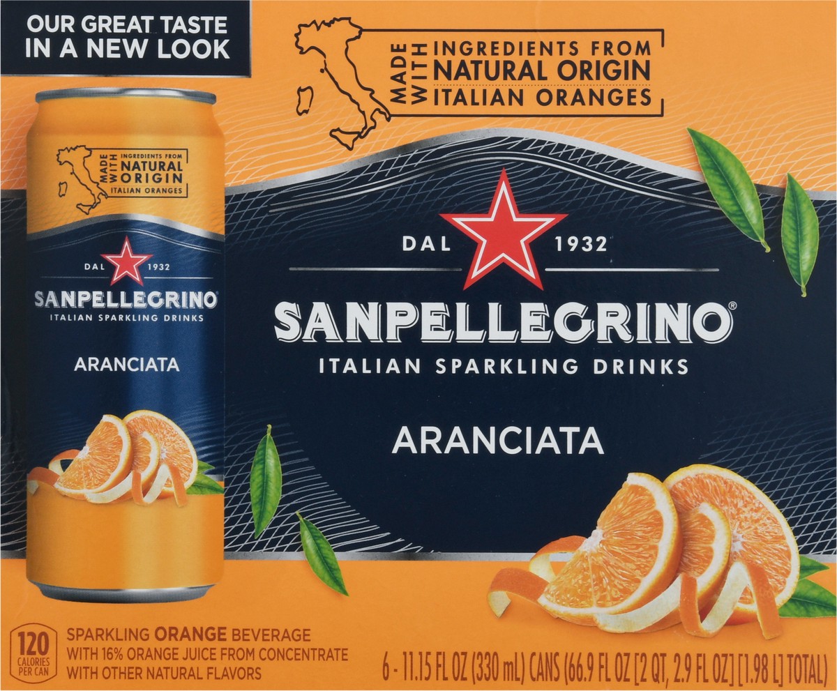 slide 6 of 9, San Pellegrino Italian Sparkling Drink Aranciata, Sparkling Orange Beverage, 6 Pack of Cans, 66.9 oz