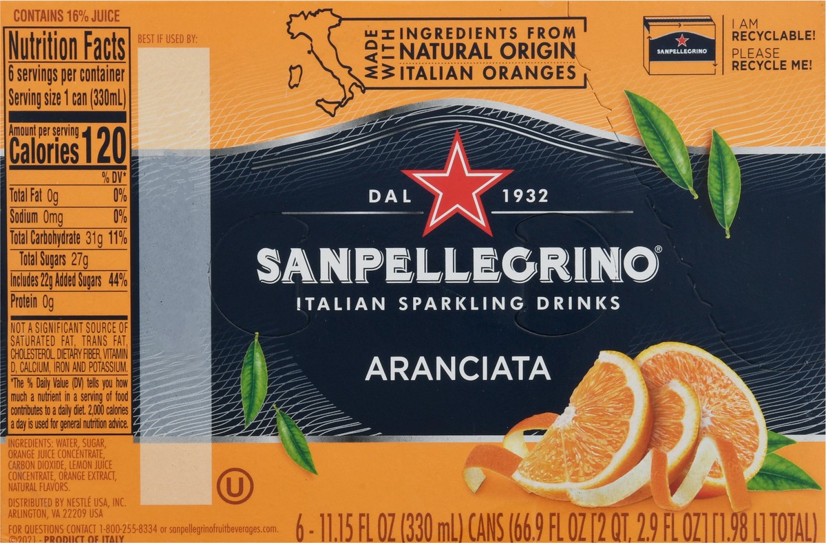 slide 9 of 9, San Pellegrino Italian Sparkling Drink Aranciata, Sparkling Orange Beverage, 6 Pack of Cans, 66.9 oz