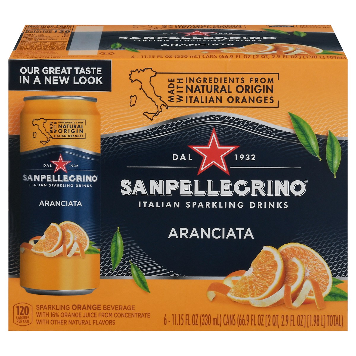 slide 1 of 9, San Pellegrino Italian Sparkling Drink Aranciata, Sparkling Orange Beverage, 6 Pack of Cans, 66.9 oz