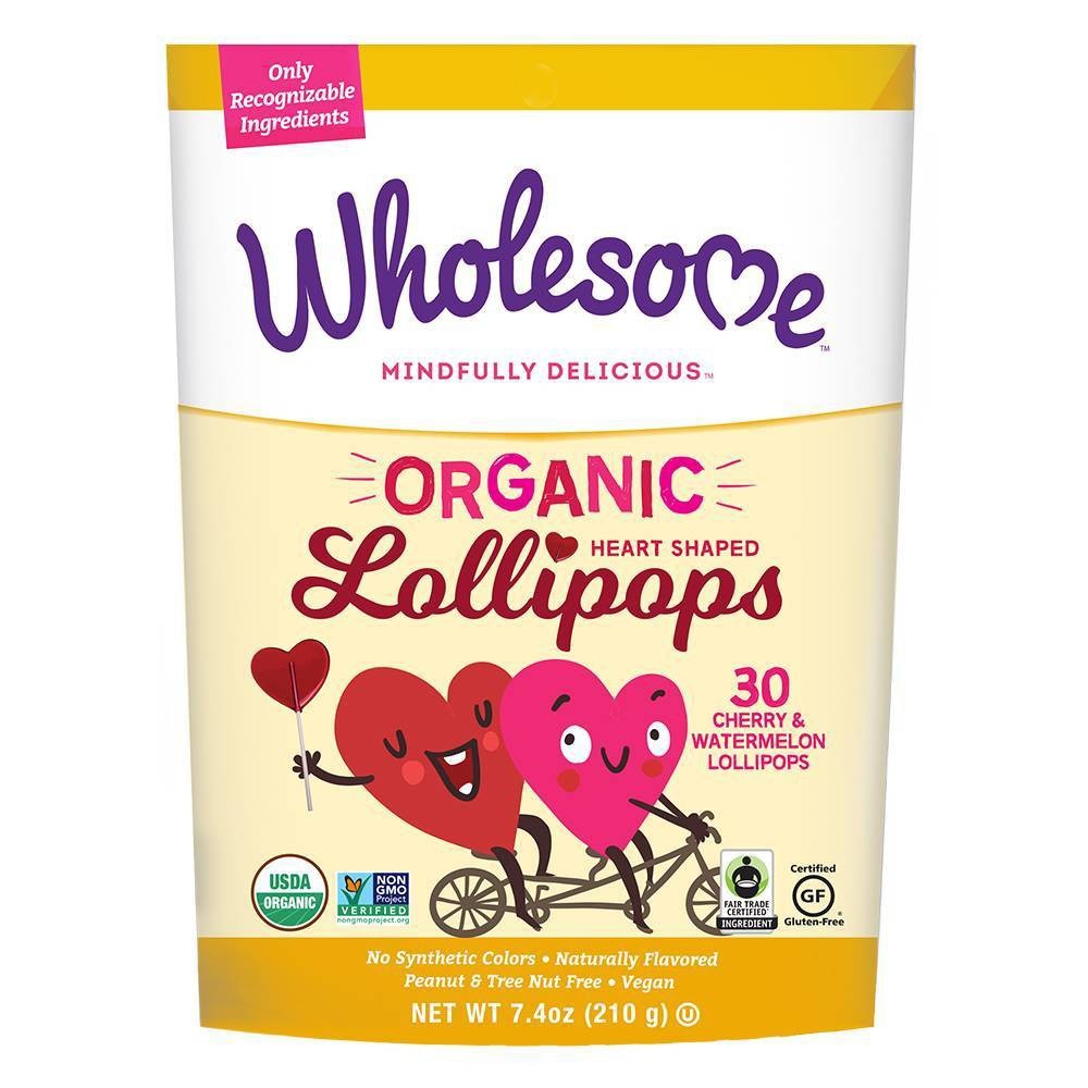 slide 1 of 1, Wholesome Organic Valentine's Day Heart Lollipops, 7.4 oz