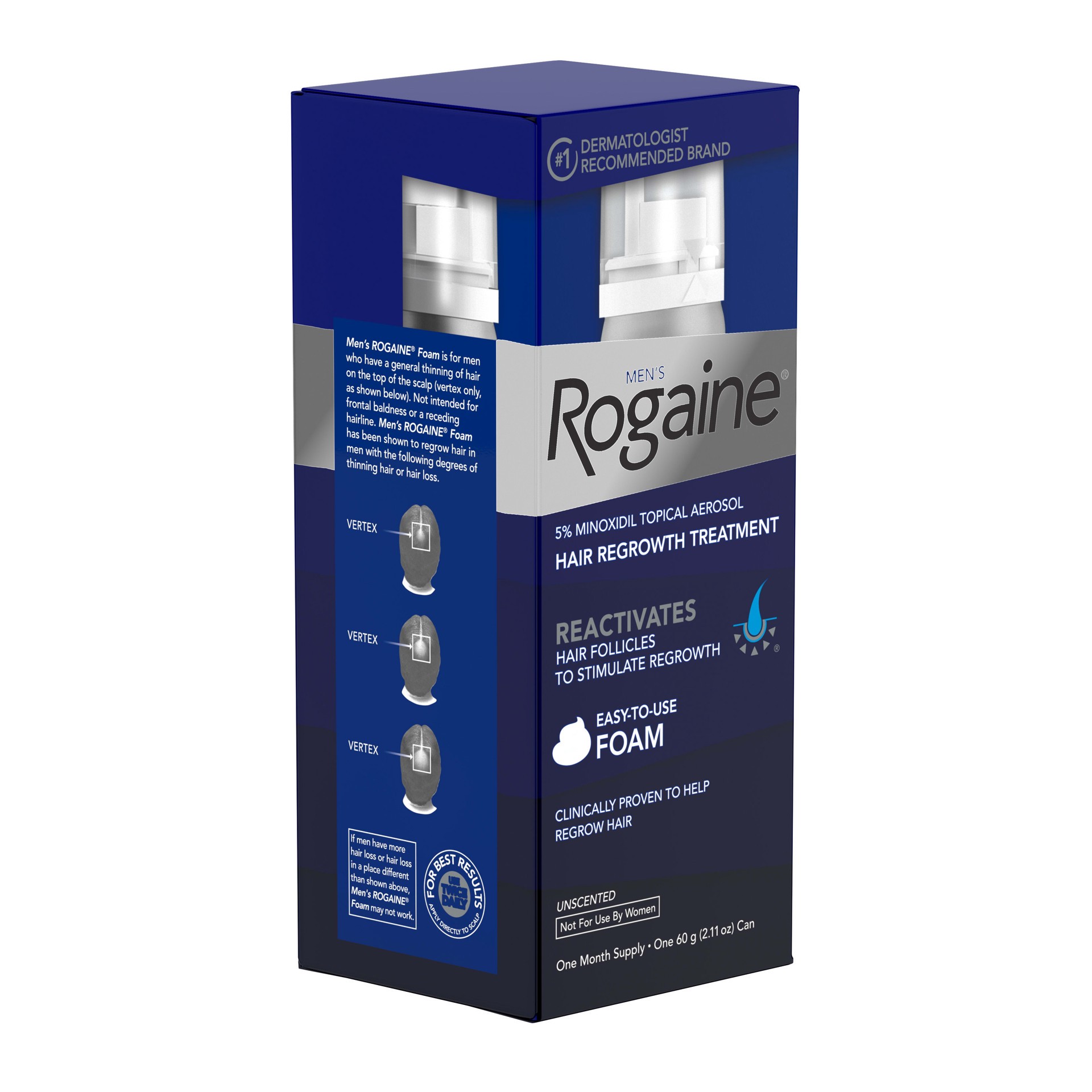 slide 2 of 10, Rogaine Men's Rogaine 5% Minoxidil Foam for Hair Loss & Hair Regrowth, Topical Hair Loss Treatment to Regrow Fuller, Thicker Hair, Unscented, 1-Month Supply, 2.11 oz, 60 grams