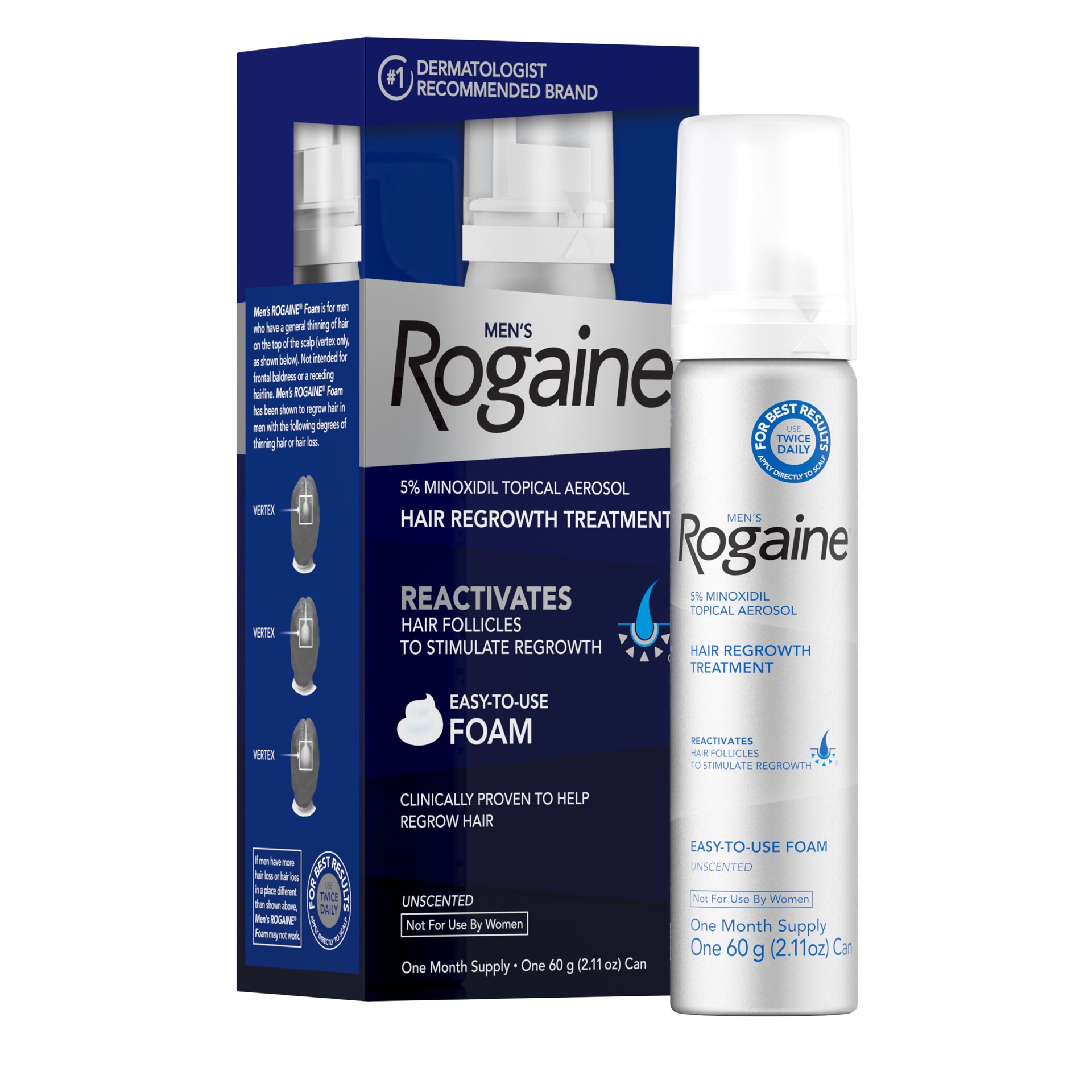 slide 7 of 10, Rogaine Men's Rogaine 5% Minoxidil Foam for Hair Loss & Hair Regrowth, Topical Hair Loss Treatment to Regrow Fuller, Thicker Hair, Unscented, 1-Month Supply, 2.11 oz, 60 grams