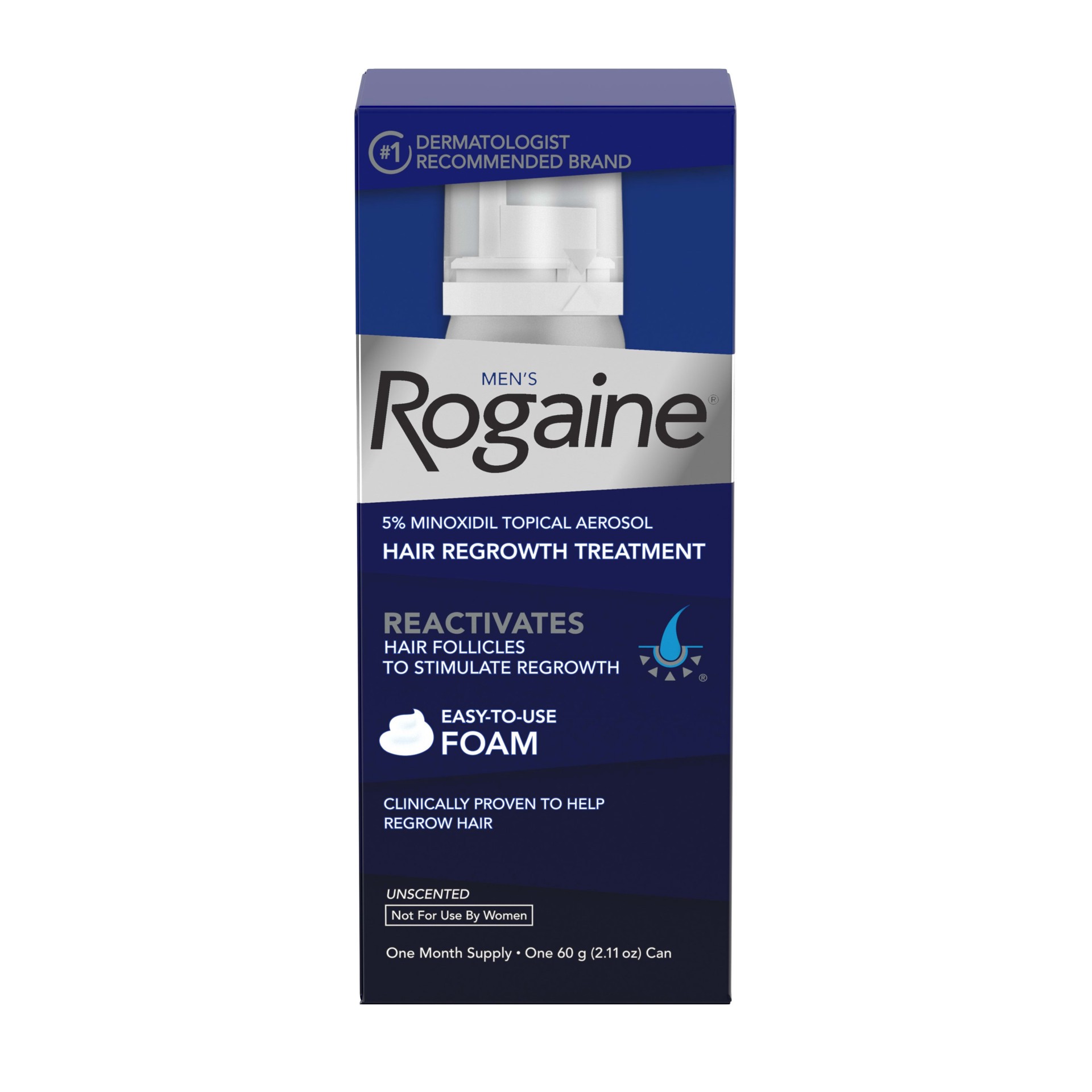 slide 1 of 10, Rogaine Men's Rogaine 5% Minoxidil Foam for Hair Loss & Hair Regrowth, Topical Hair Growth Treatment for Thin or Thinning Hair, Unscented Minoxidil Foam for Men, 1-Month Supply, 2.11 oz, 60 grams