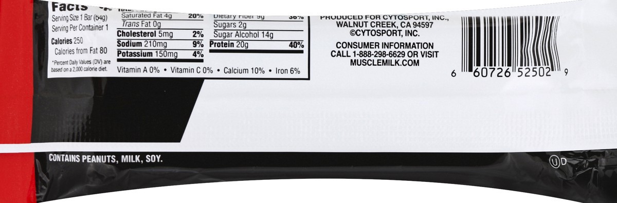 slide 3 of 6, Muscle Milk Peanut Butter Bar Chocolate, 2.25 oz