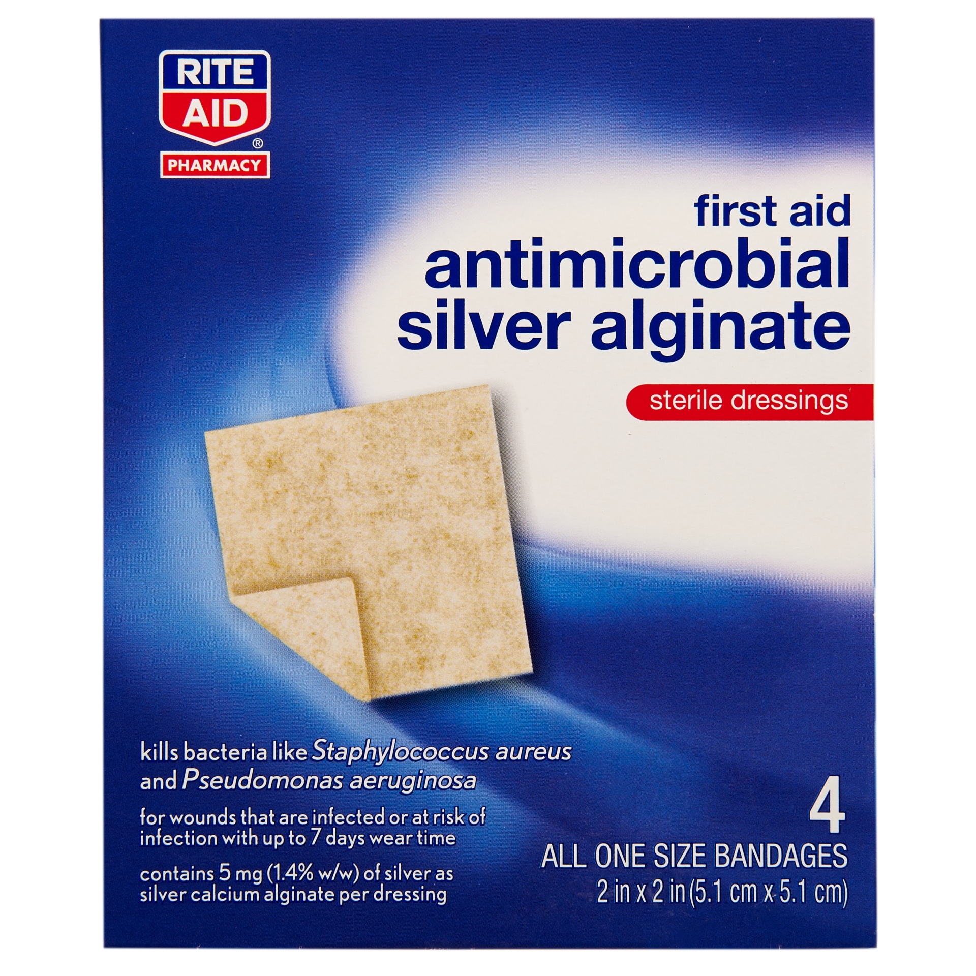 slide 1 of 1, Rite Aid First Aid Antimicrobial Silver Alginate Sterile Dressings, 4 ct