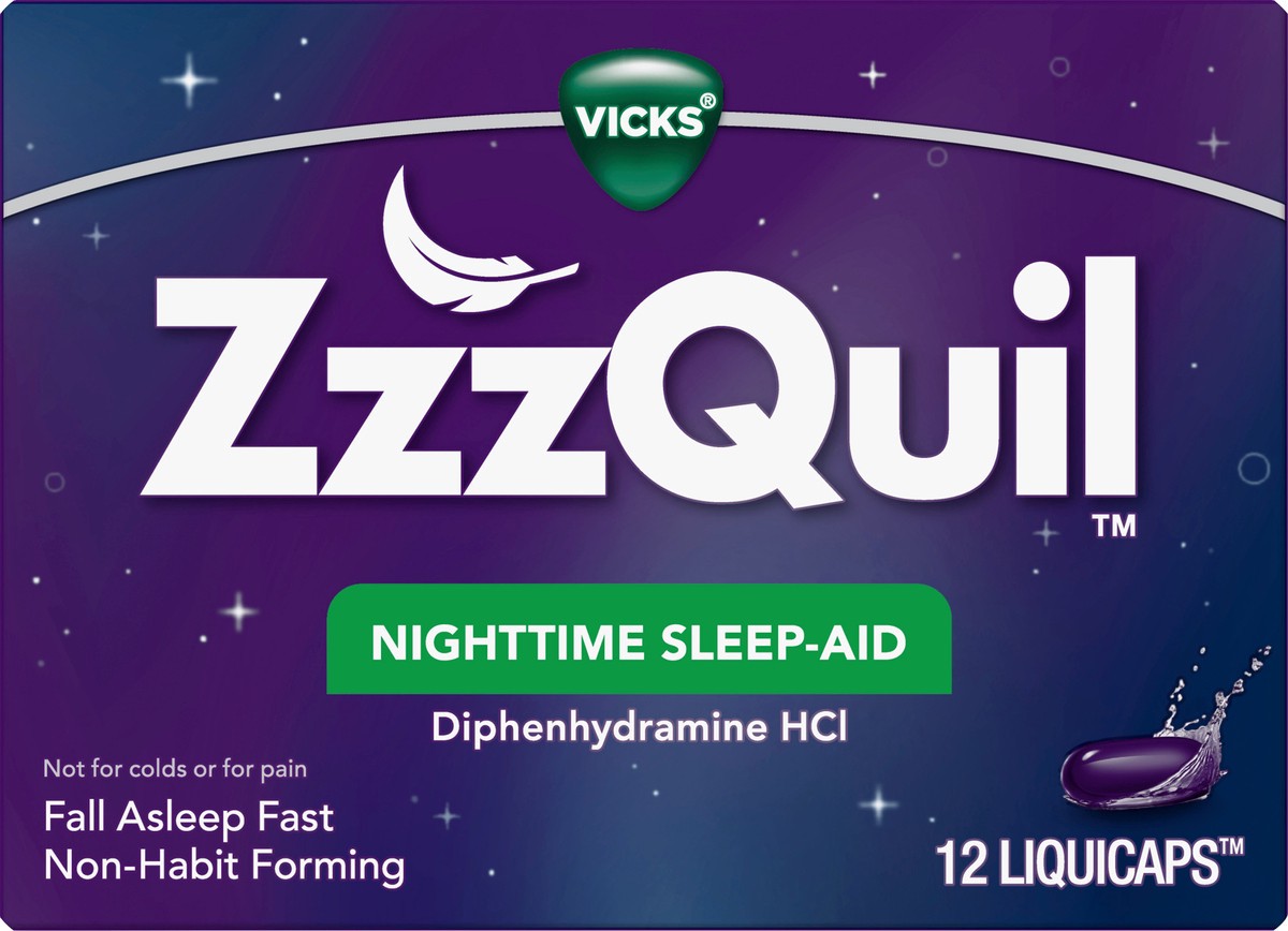 slide 3 of 3, Vicks ZzzQuil Nighttime Sleep Aid, Non-Habit Forming, Fall Asleep Fast and Wake Refreshed, 12 Count LiquiCaps, 12 ct