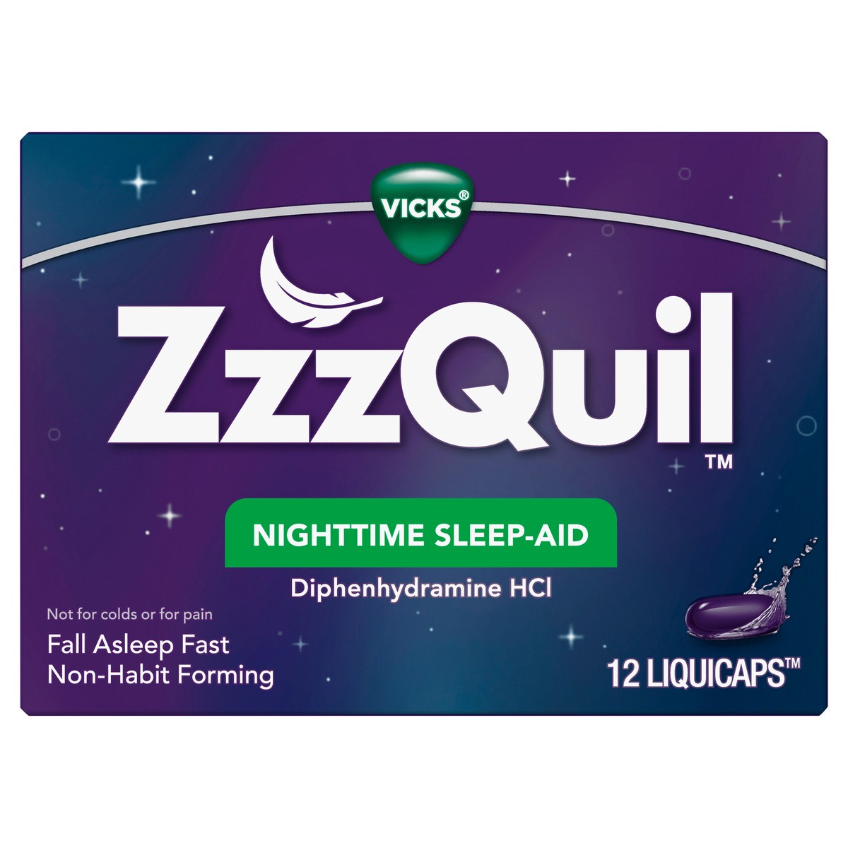 slide 1 of 3, Vicks ZzzQuil Nighttime Sleep Aid, Non-Habit Forming, Fall Asleep Fast and Wake Refreshed, 12 Count LiquiCaps, 12 ct