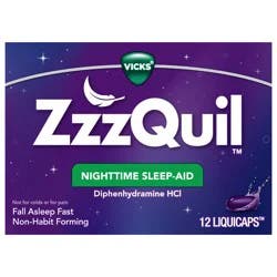 Vicks ZzzQuil LiquiCap Sleep Aid, Diphenhydramine 25mg HCl, Sleep Aids for Adults, Nighttime Sleep Aid, 12 LiquiCaps
