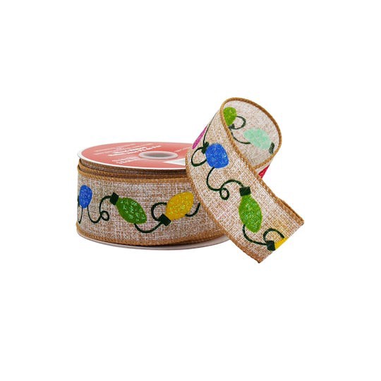 slide 1 of 3, 1.5" X 30ft. String Lights Wired Faux Linen Ribbon By Celebrate It, 1.5 in x 30 ft