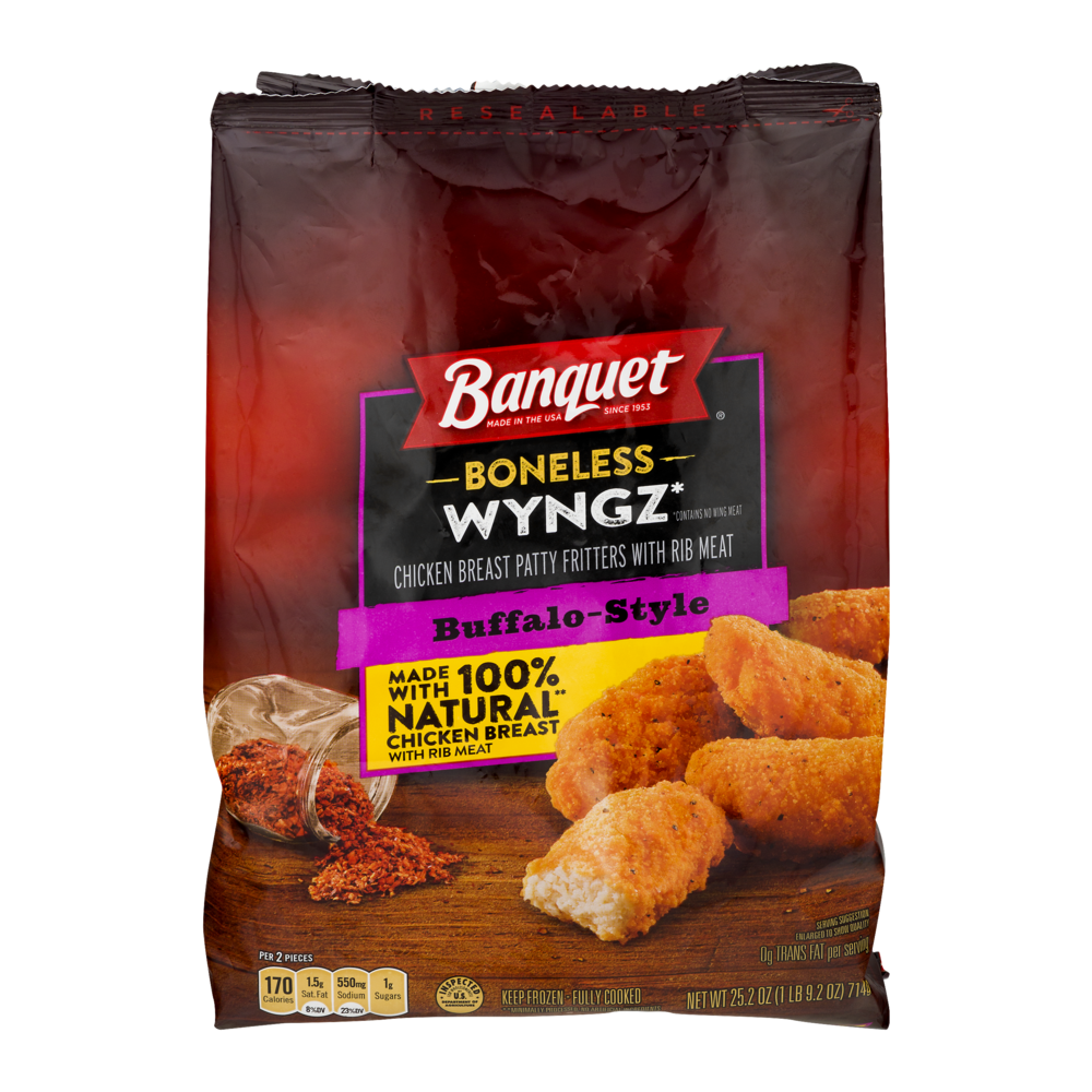 slide 1 of 5, Banquet Buffalo Style Boneless Wyngz, 25.2 oz