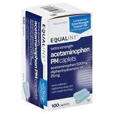 slide 1 of 1, Equaline Acetaminophen PM, Extra Strength, Caplets, 100 Each, 100 ct