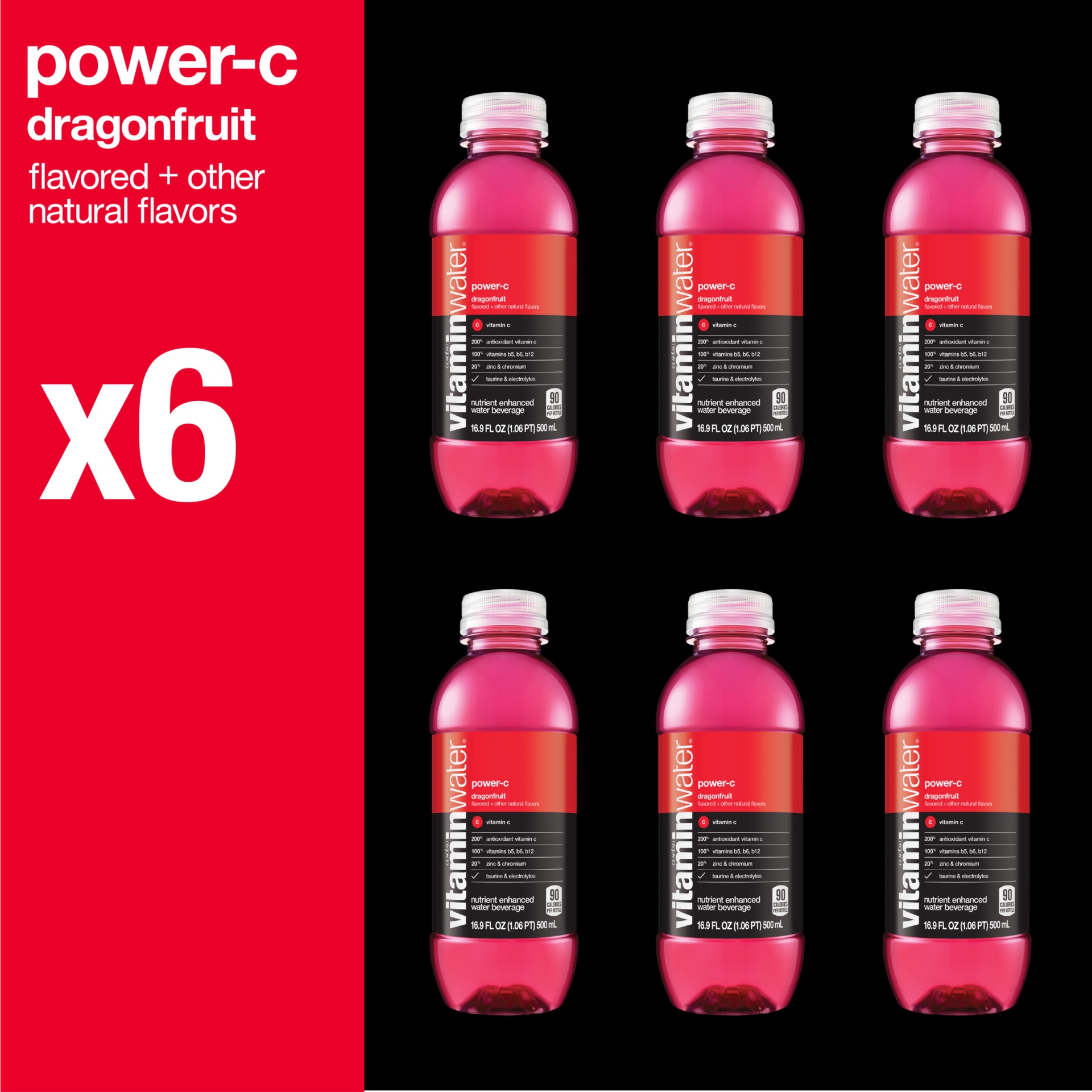 slide 13 of 15, vitaminwater power-c electrolyte enhanced water w/ vitamins, dragonfruit drinks, 6 ct; 16.9 fl oz