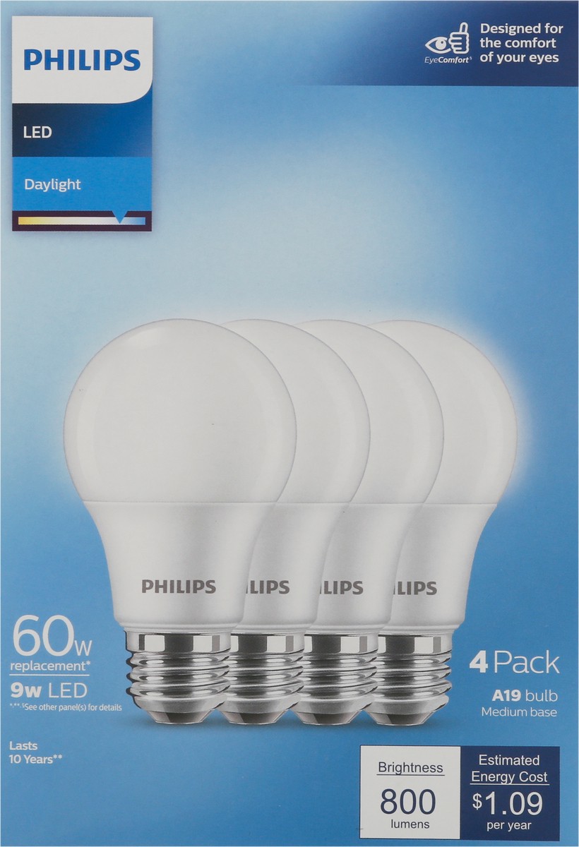 slide 8 of 9, Philips Daylight 9-Watt (60-Watt) A19 Medium Base Led Light Bulbs, 4 ct