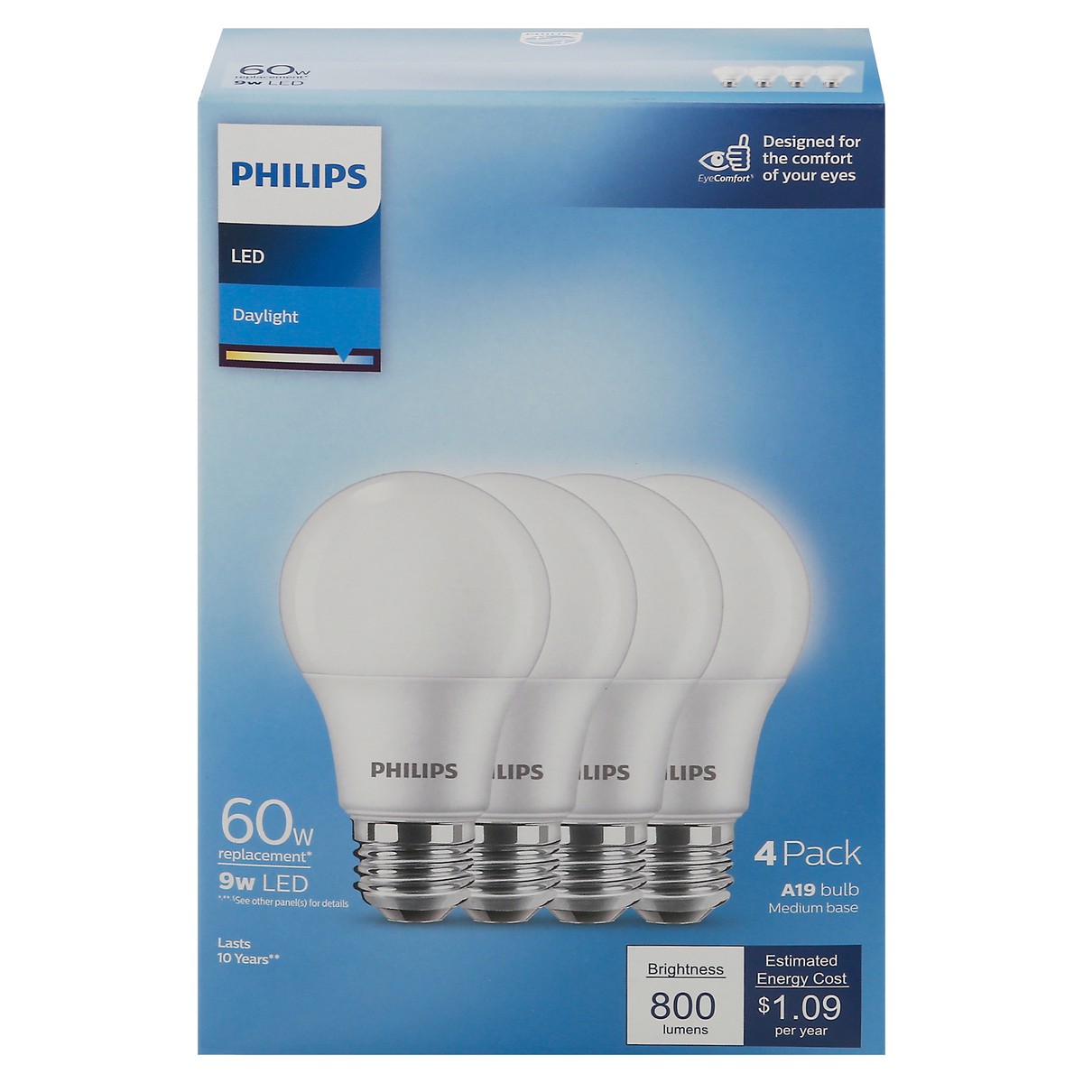 slide 1 of 9, Philips Daylight 9-Watt (60-Watt) A19 Medium Base Led Light Bulbs, 4 ct